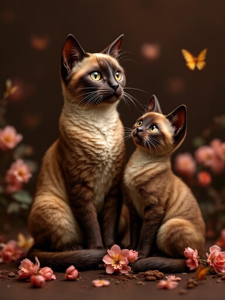 Chocolate Siamese Cat and Kitten Sculpture