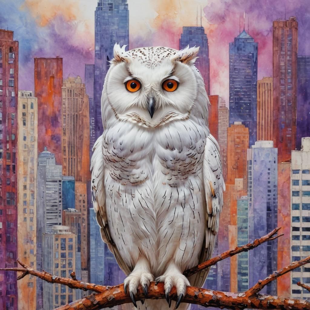 White Owl in Cityscape, Impasto Alcohol Ink