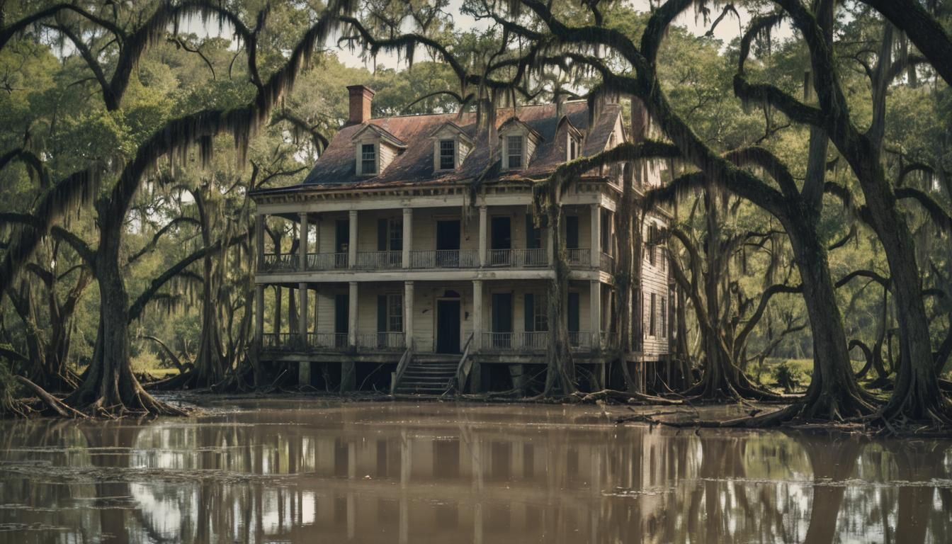 Louisiana Plantation Sinking into Bayou: Cinematic Film Stil...