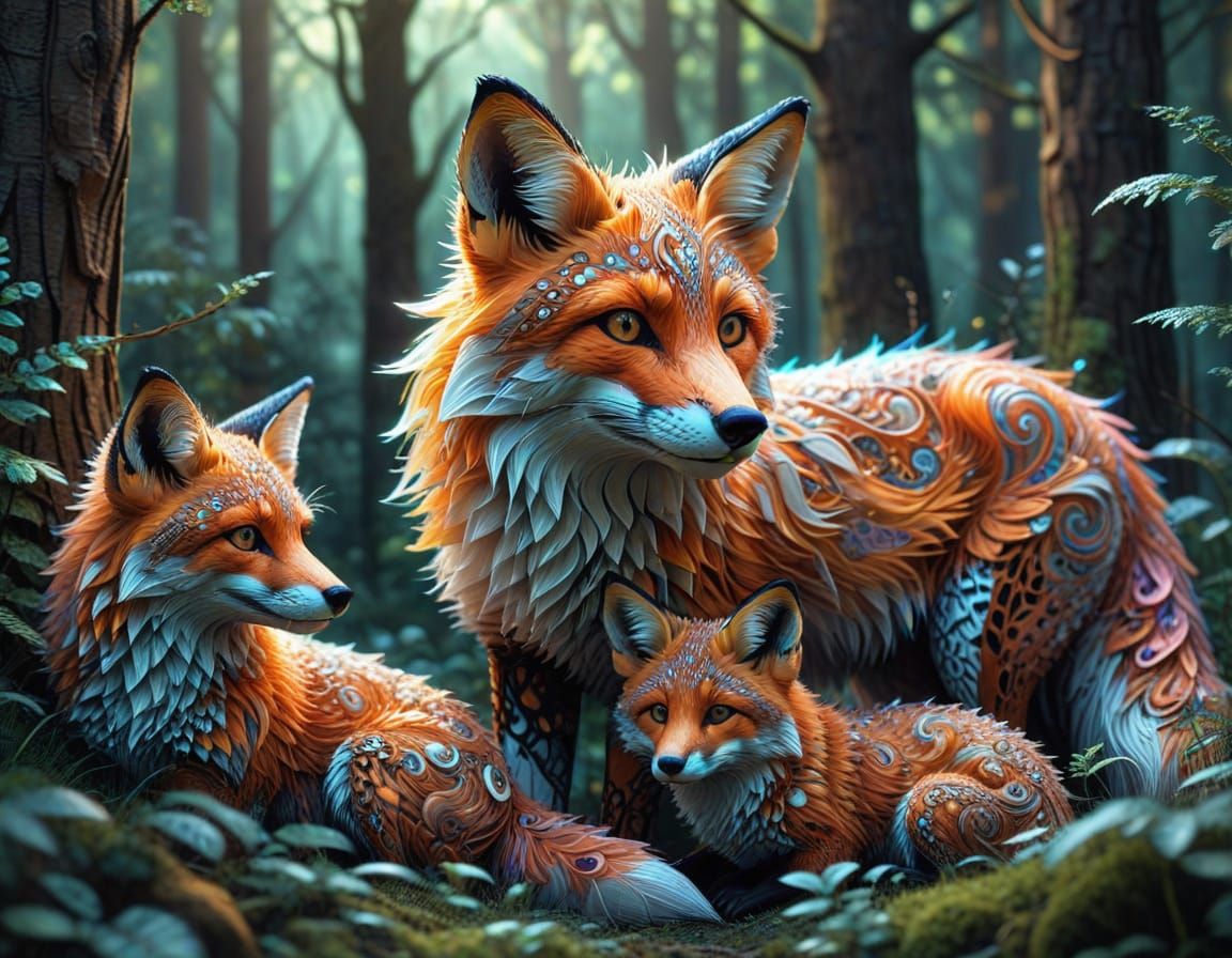 Fox and Cubs in Forest: Abstract Vector Fractal