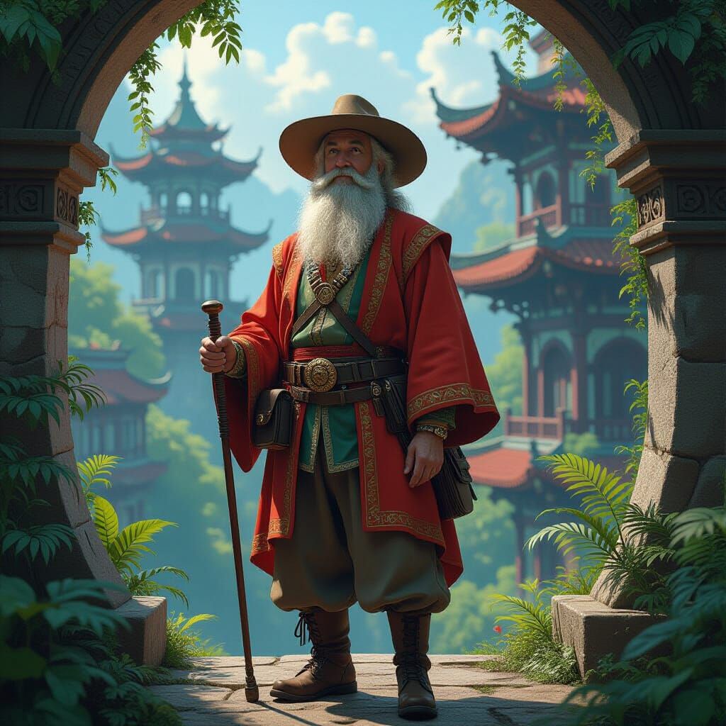 Elderly Adventurer in Whimsical Realm, Matte Painting