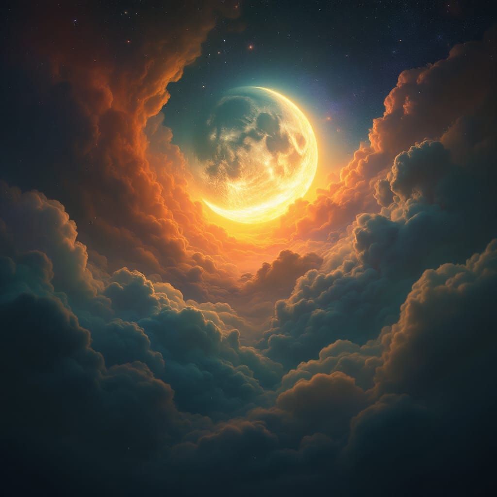 Ethereal Crescent Moon in Surreal Cosmic Art