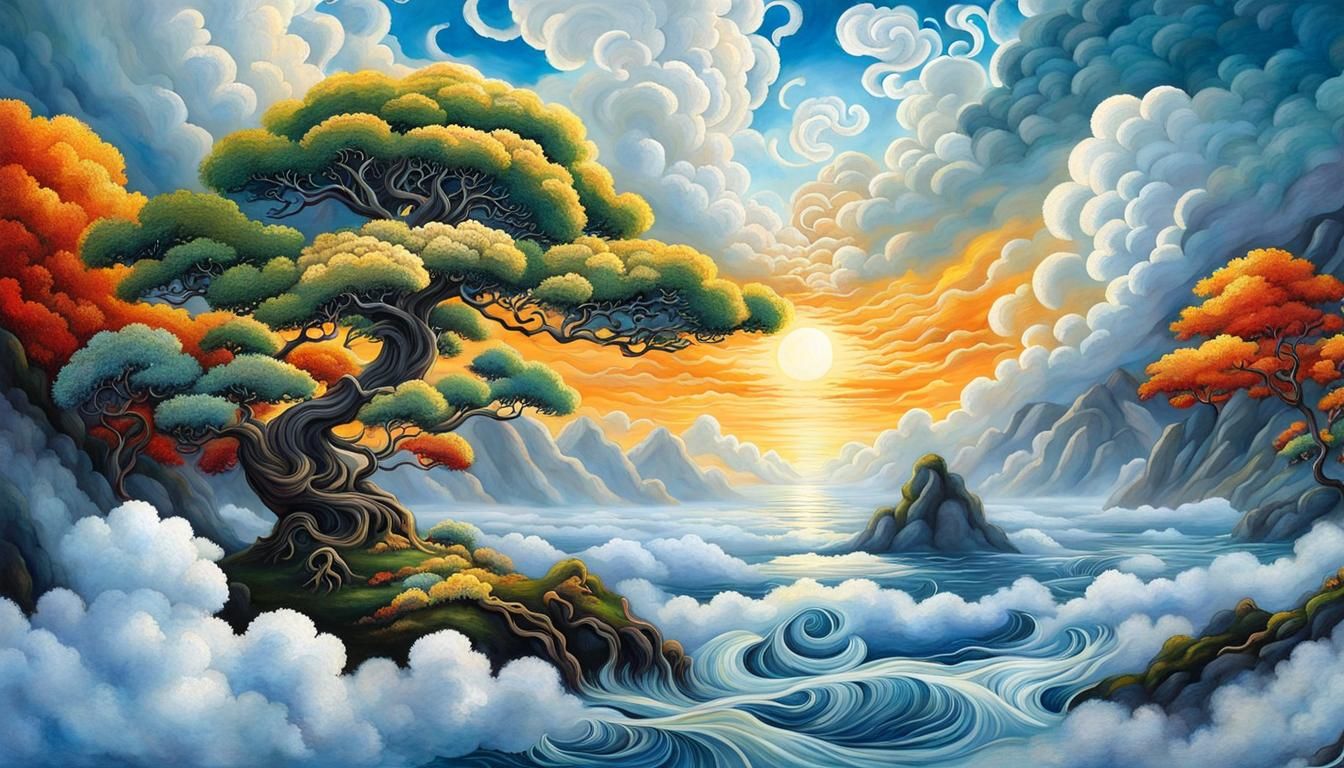 Surreal Bonsai Landscape with Swirling Clouds