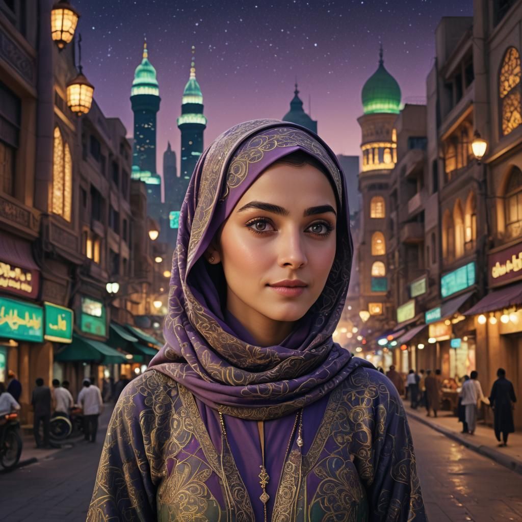 Woman in Jilbab Amidst City Lights, Fantasy Art
