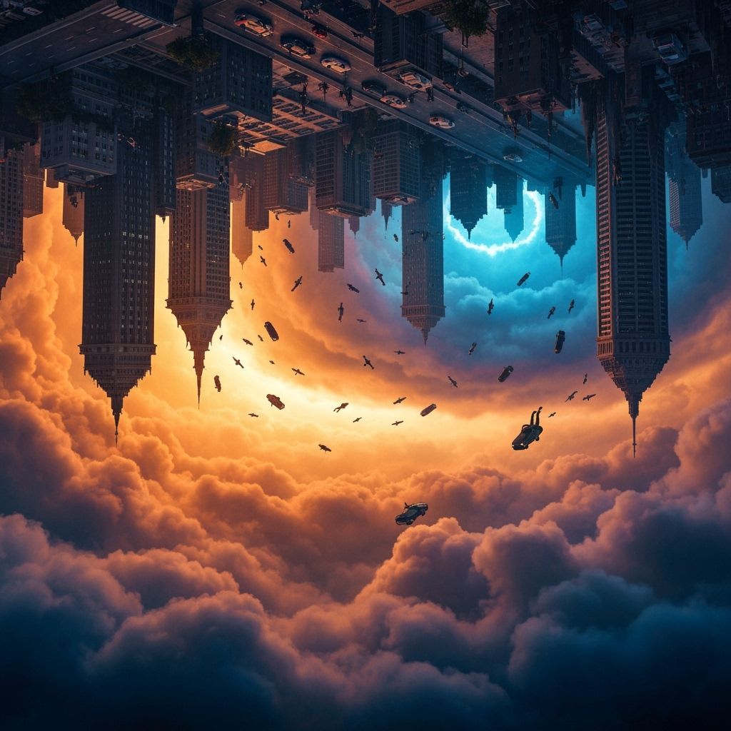 Upside-Down Cityscape with Swirling Sky in High Contrast