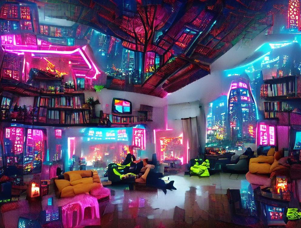 Cyberpunk Living Room with Neon Lighting
