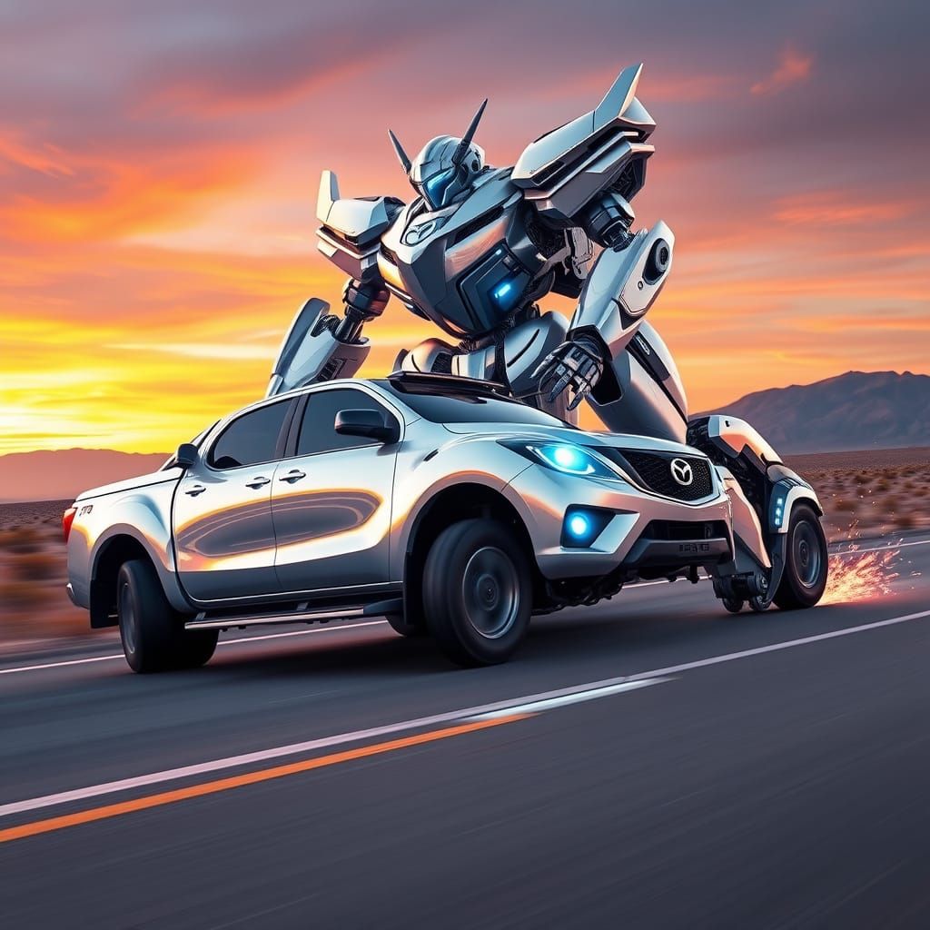 Futuristic Mazda Robot Transforms on Highway in Mirror Pearl...