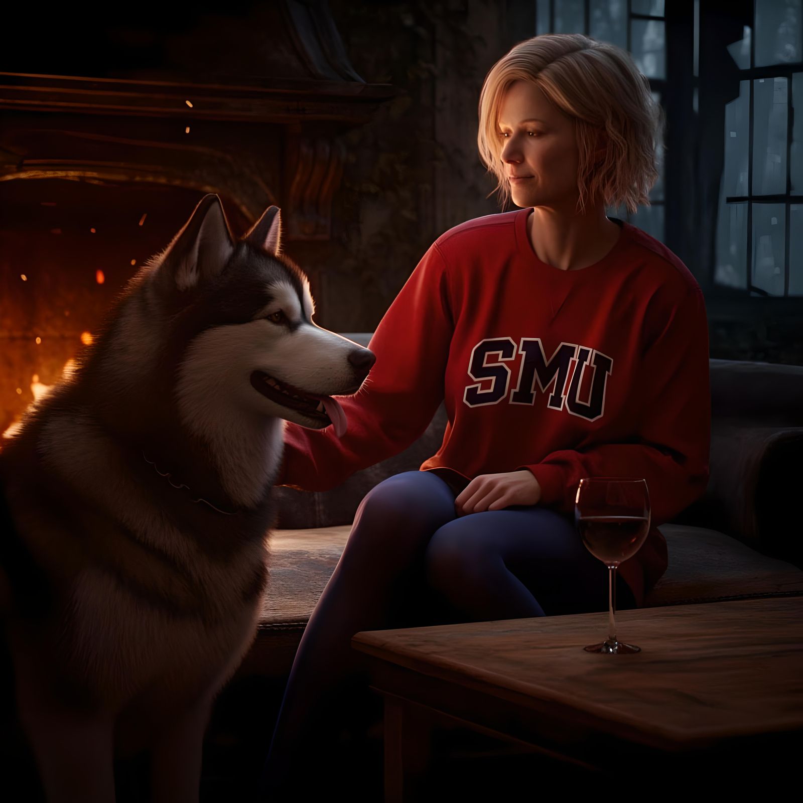 Woman by Fire with Malamute in Cozy Room