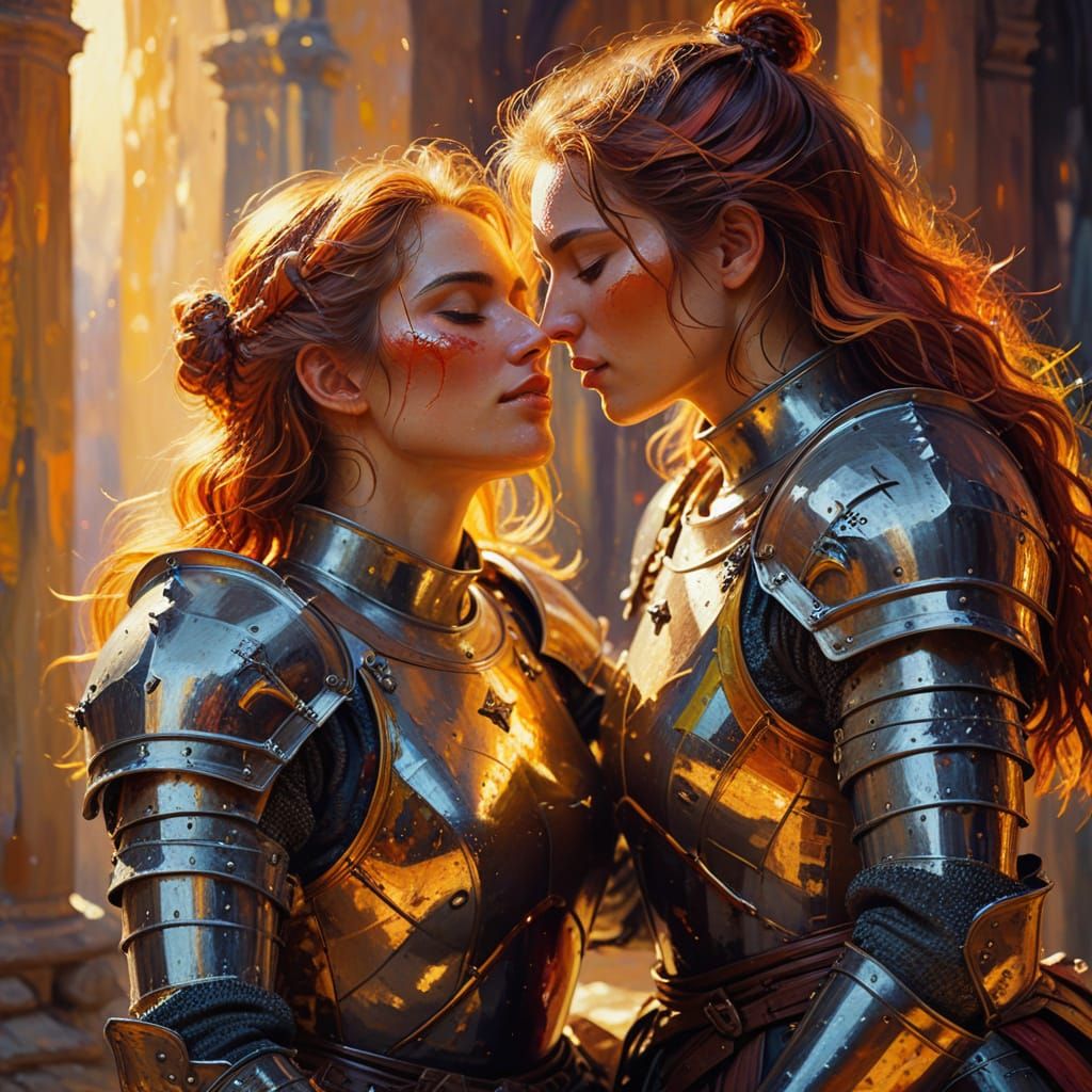 Fauvist Painting of Joyful Knights Embracing After Battle