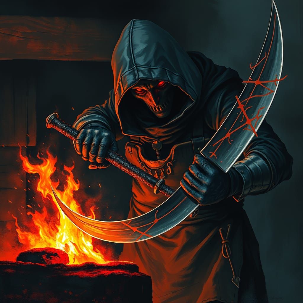 Hellish Blacksmith Forging a Blade in Dark Fantasy Style