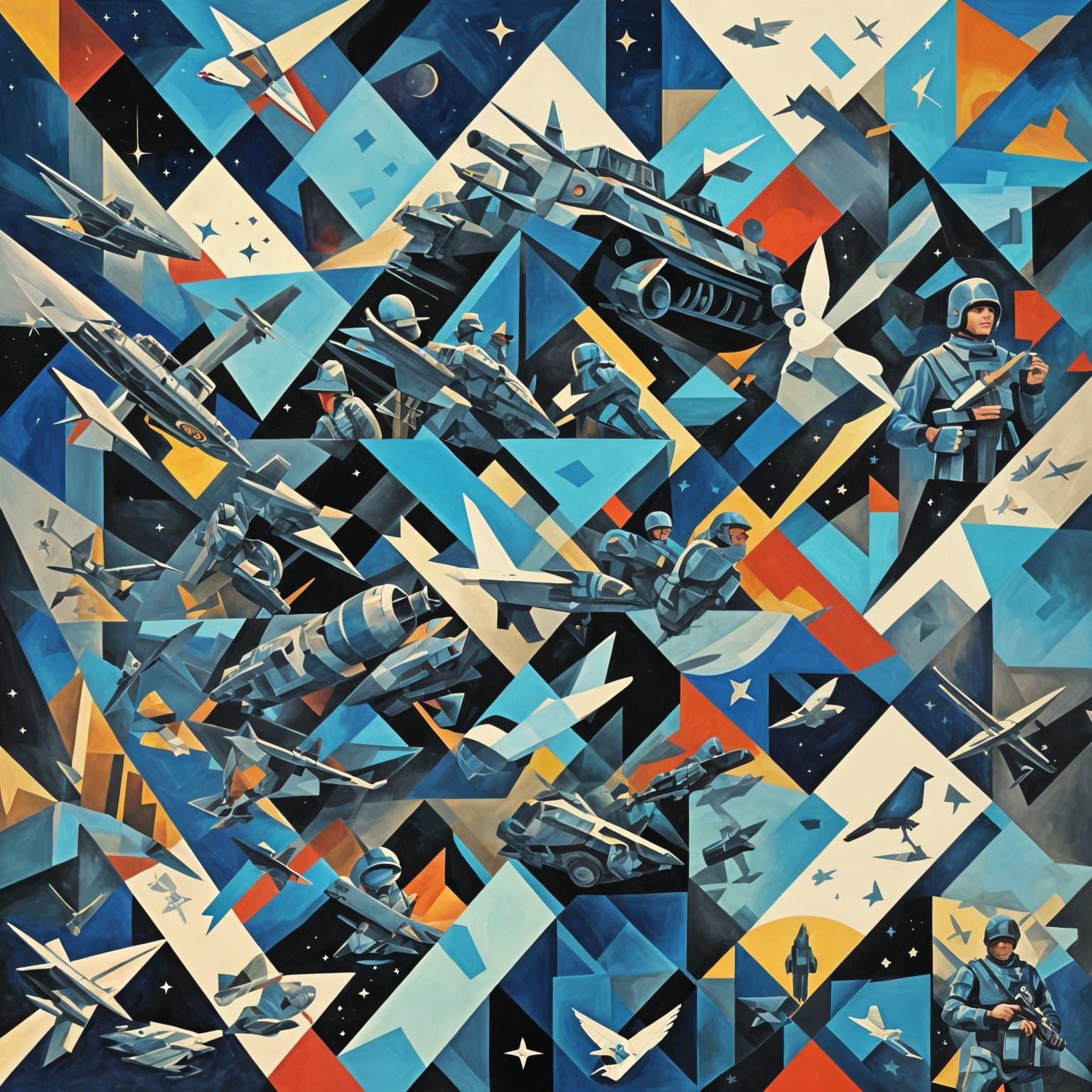 Cubist Collage of Sky, Space, and Humanity