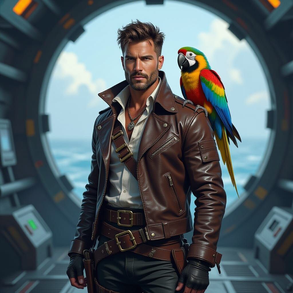 Vibrant Space Pirate Captain on Starship Deck