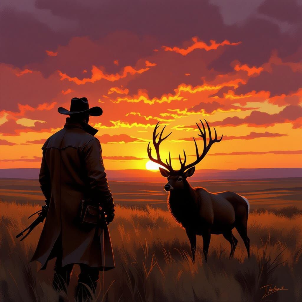 Hunter and Stag at Sunset in Impasto Style