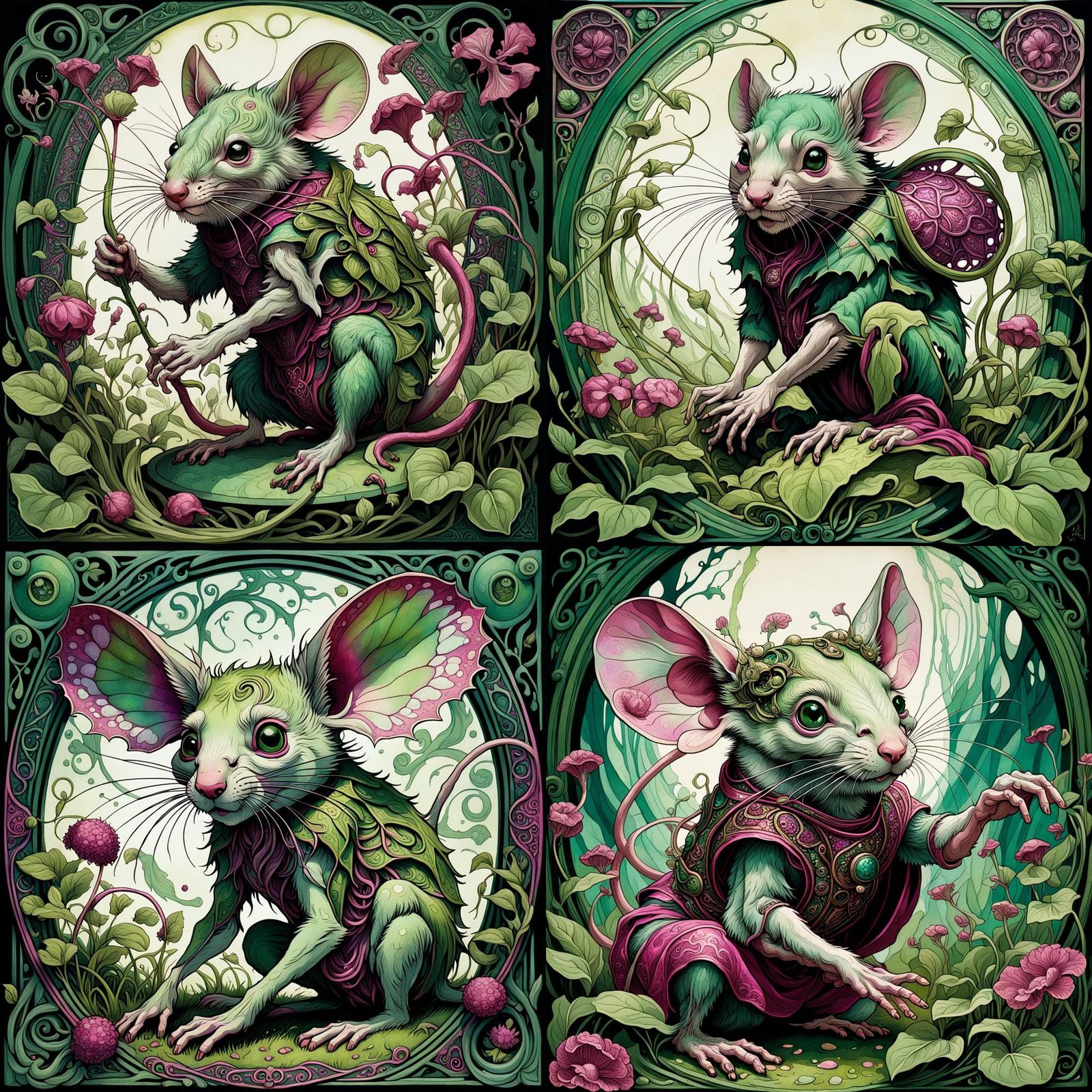 Green Mouse in Tall Grass: Alphonse Mucha Style