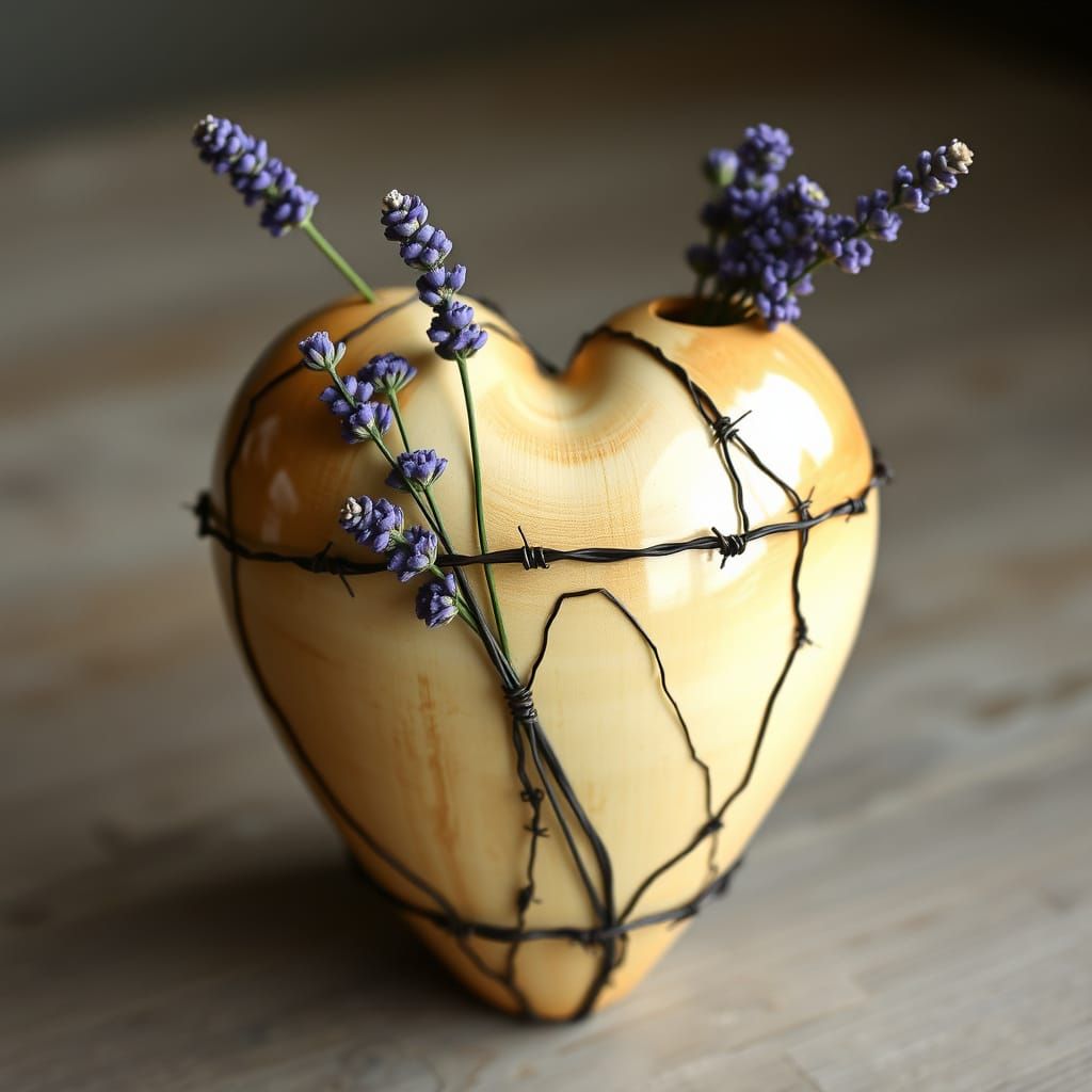 Heart Vase with Lavender and Kintsugi Repair