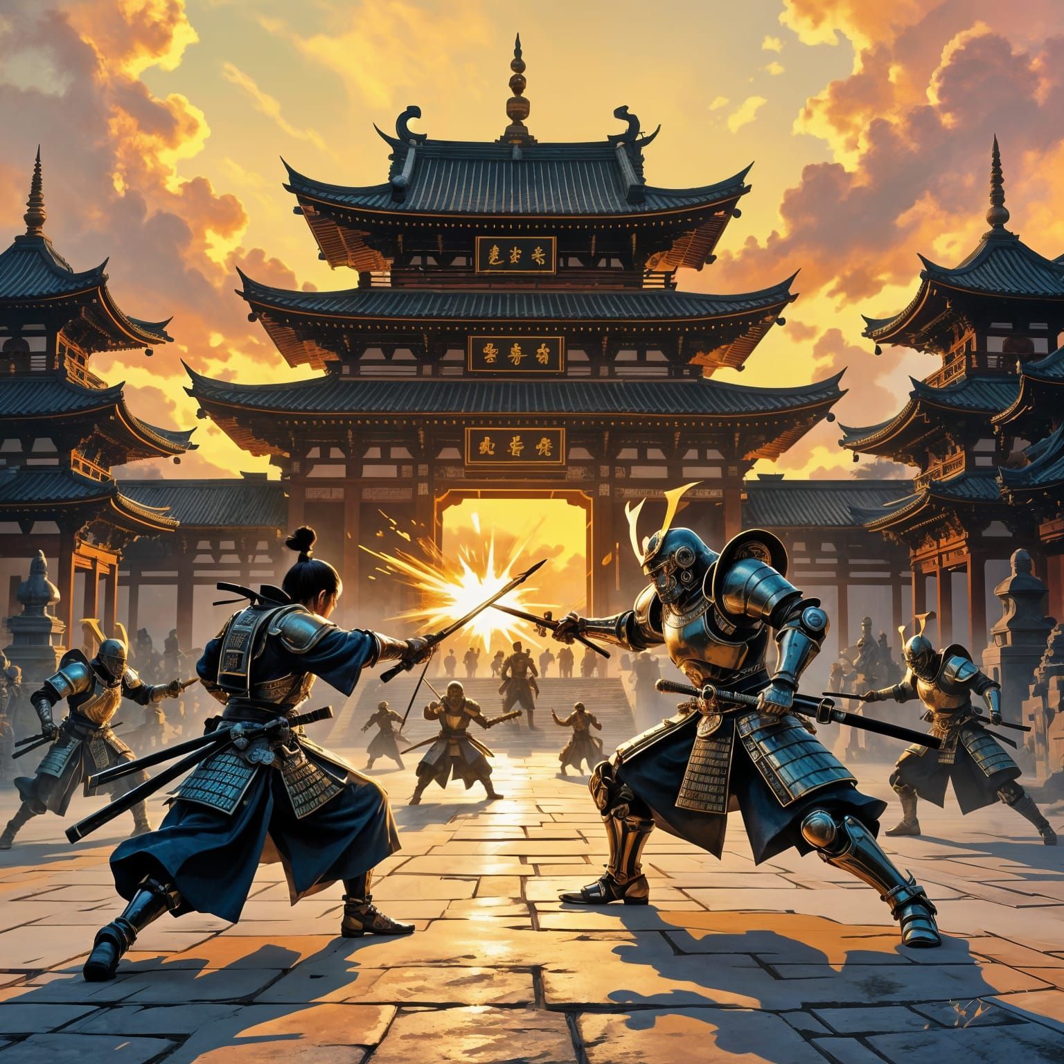 Steampunk Samurai Battle Oil Painting