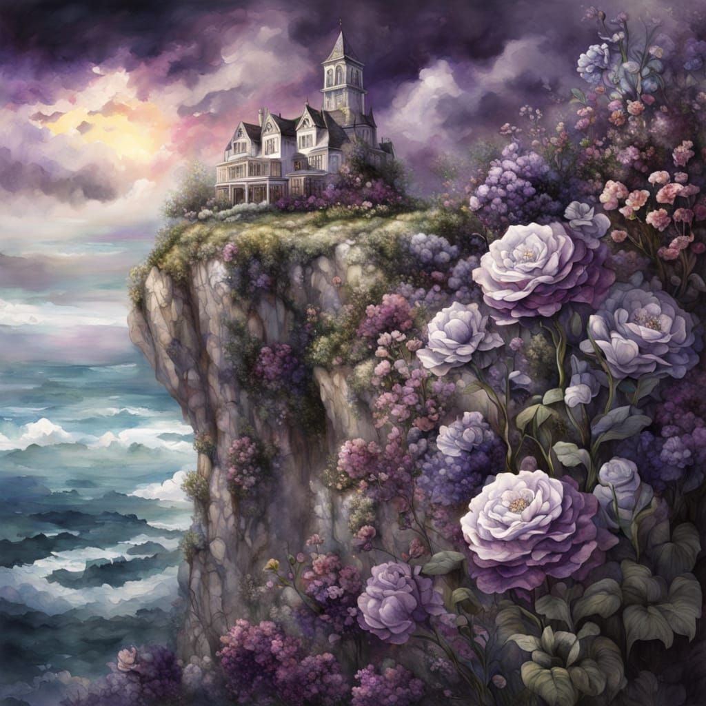 Flowers on Cliffs Under Dramatic Sky