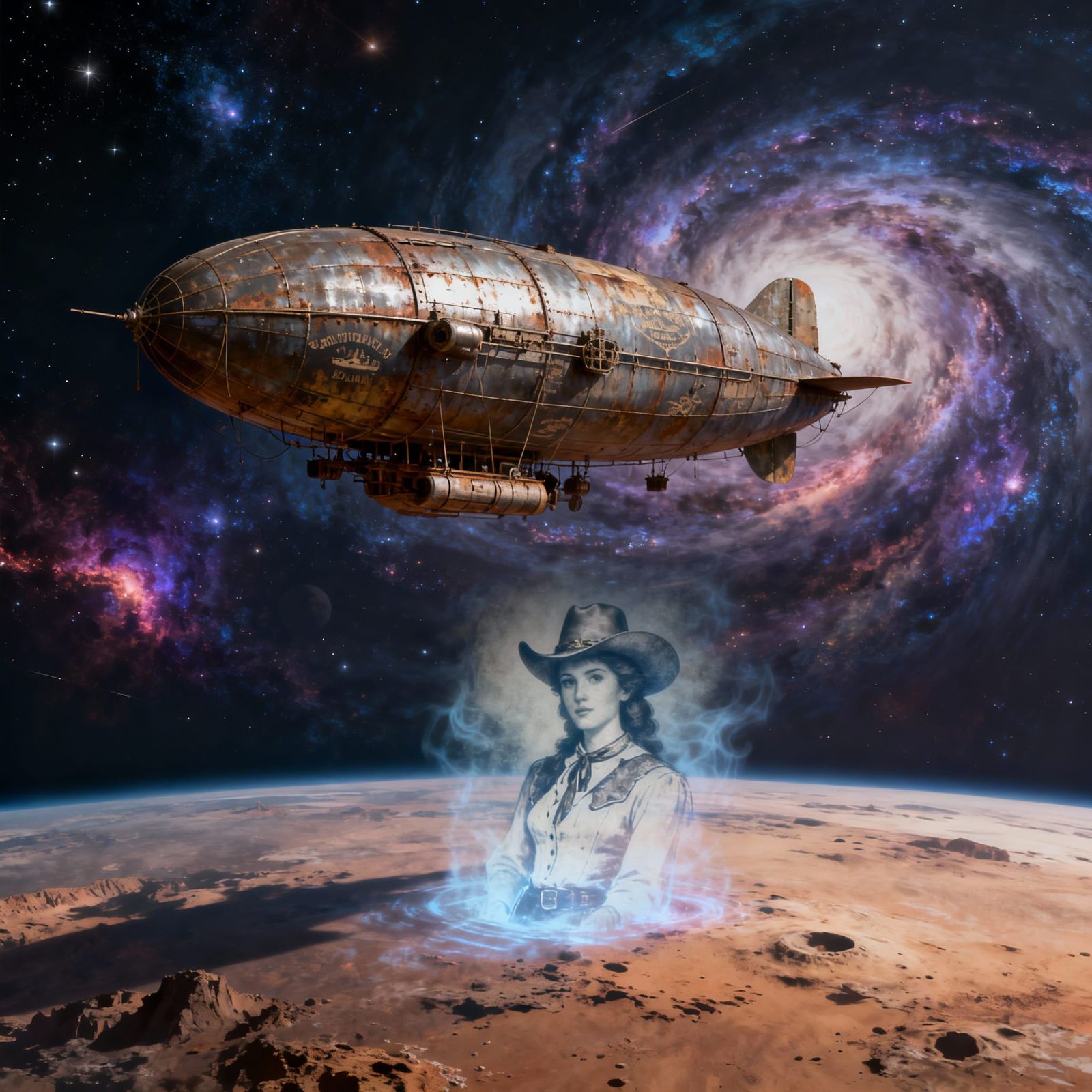 An old, weathered airship drifts through a nebula of swirling nebulae, its metallic hull bearing the marks of countless ...