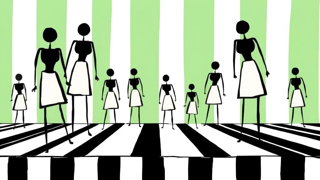 Abstract Figures on Striped Stage in Mid-Century Style