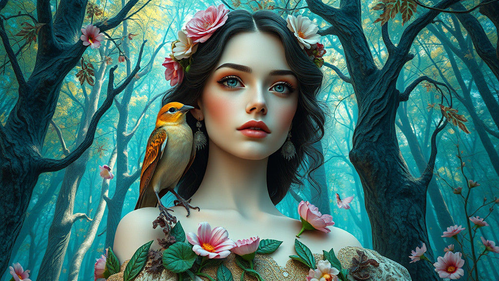 Porcelain Woman in Enchanted Forest, Surreal Art