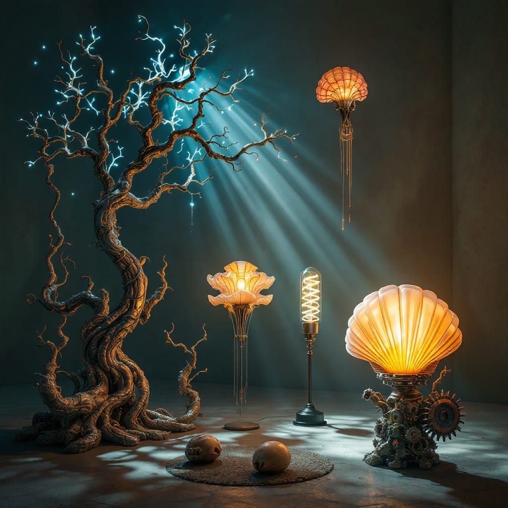 Surreal Lamps in Dimly Lit Ethereal Room