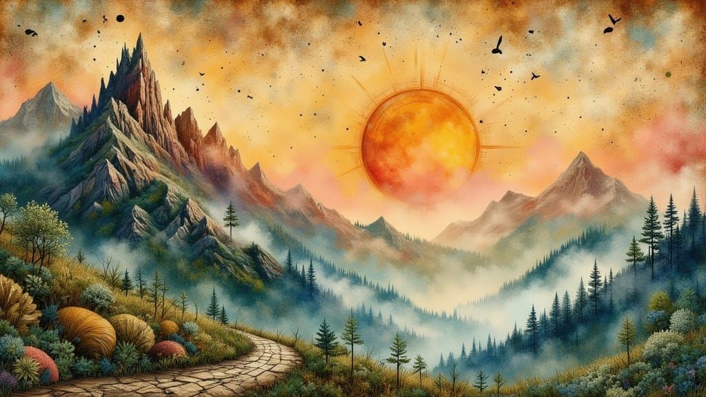 Mountain Sunset in Mixed Media Collage Style