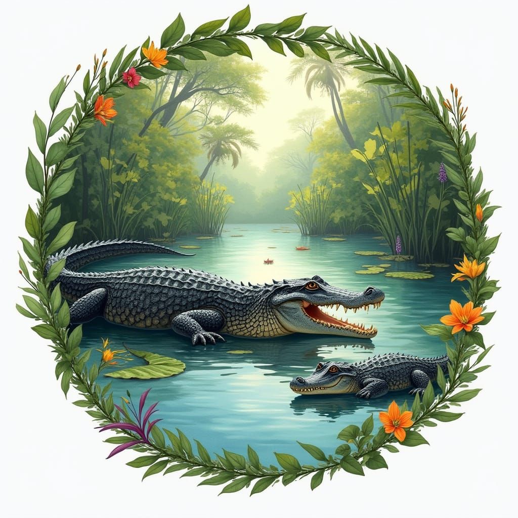 Florida Marsh Scene with Gator and Babies in Vibrant Waterco...
