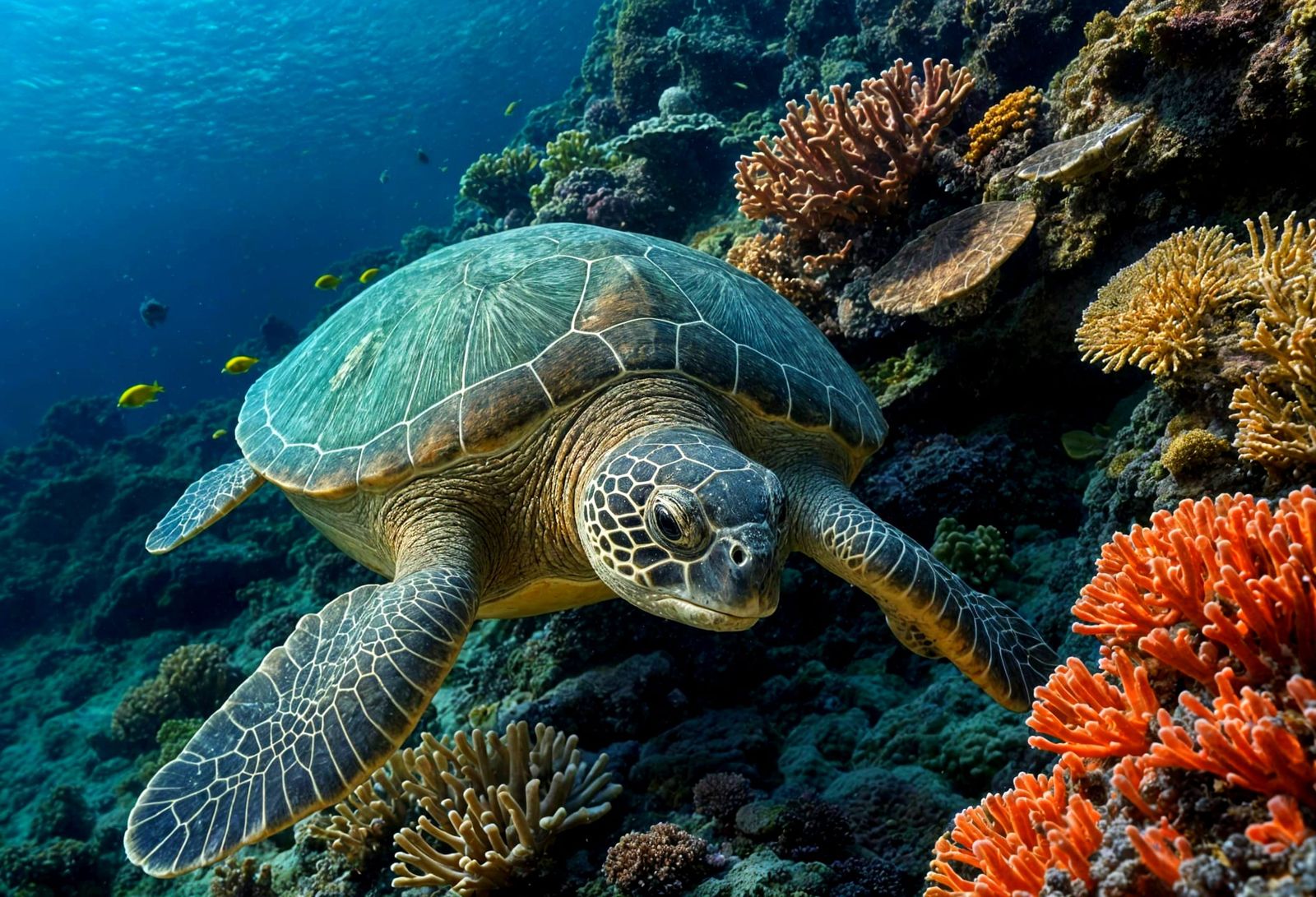 Green Sea Turtle Gliding Through Coral Reef