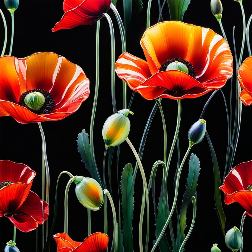 Glossy Glass Poppies with Vibrant Enamel Petals