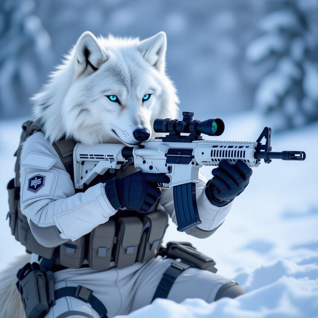 Snow Wolf Soldier Kneeling in Snow