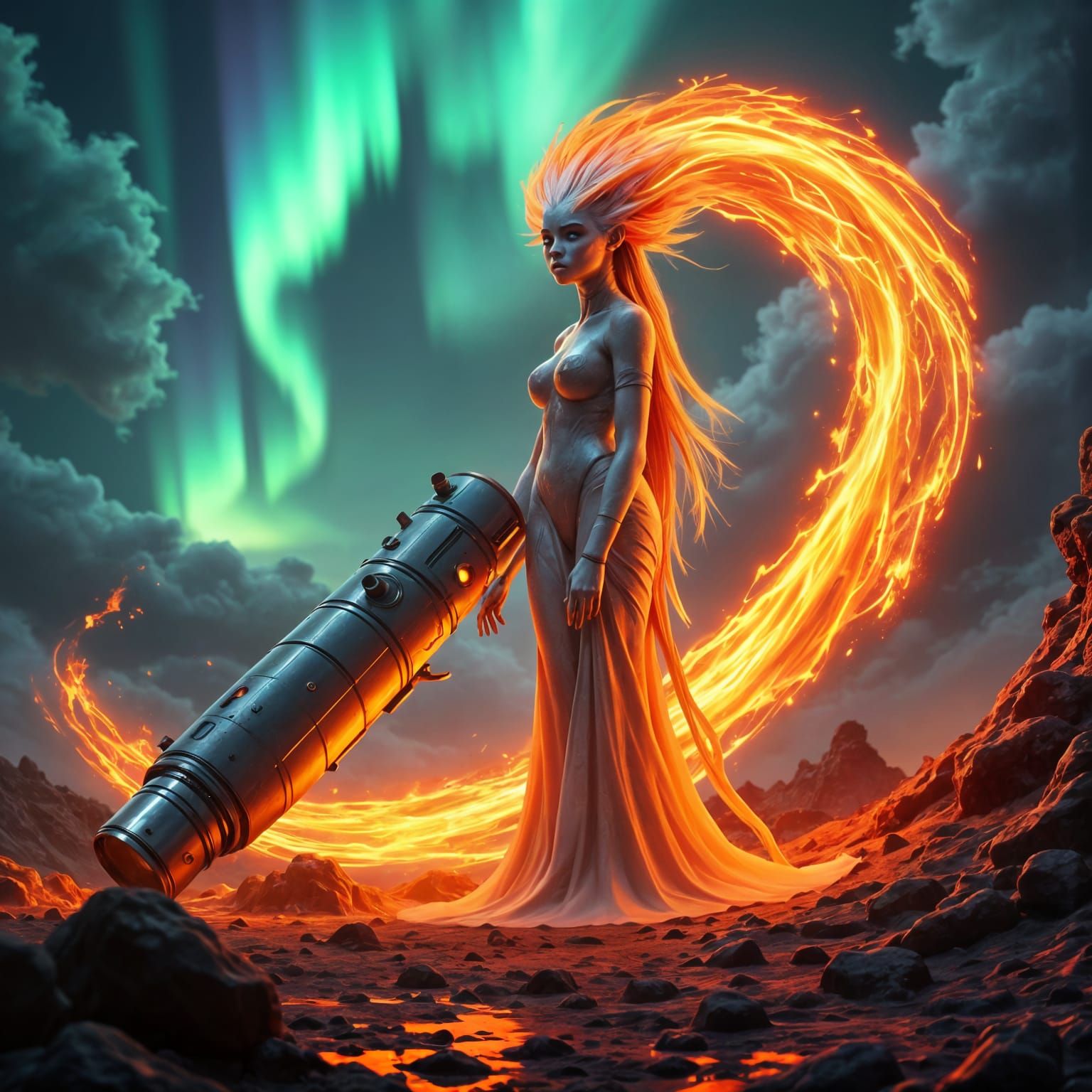 Giant Alien Woman Emerges from Lava Landscape
