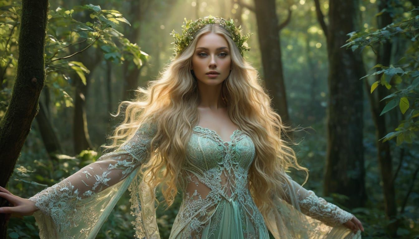 Nymph in Enchanted Forest, Art Nouveau Style