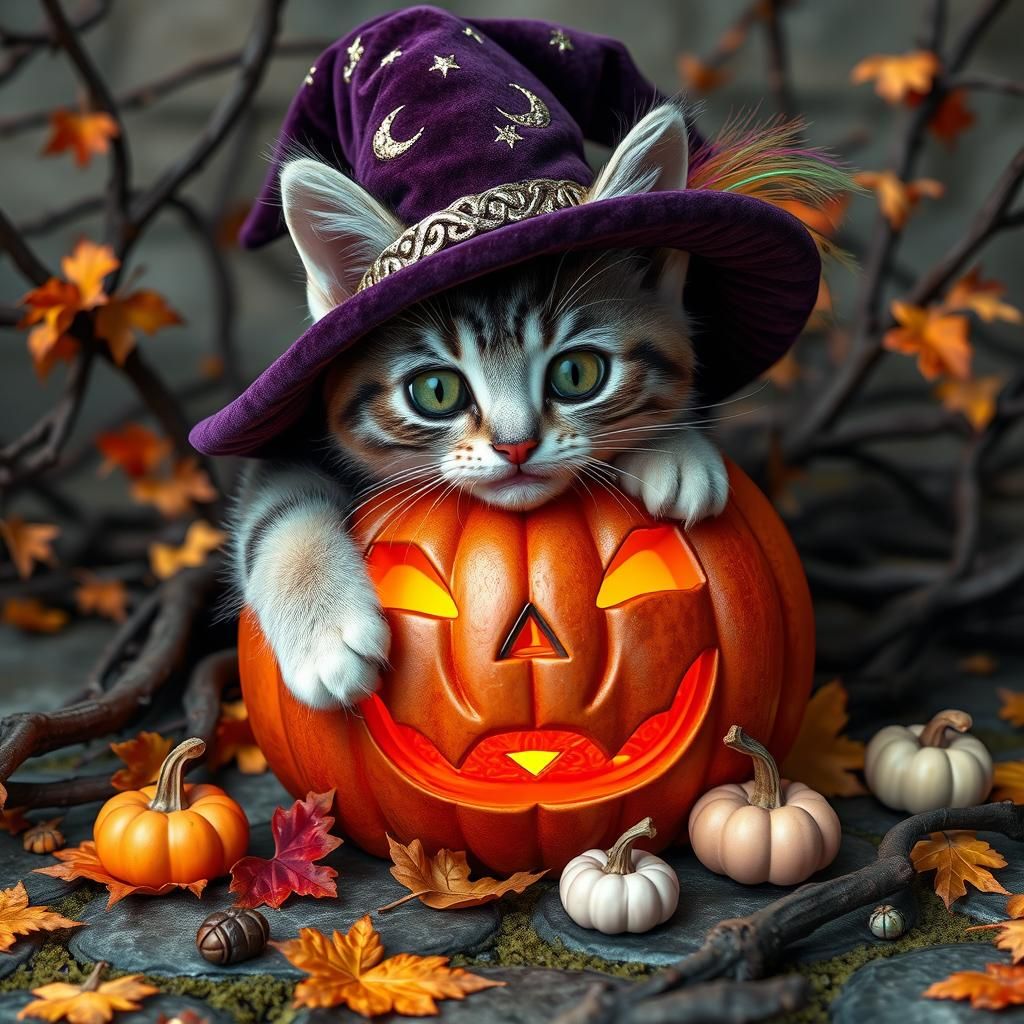 Tabby Kitten Celebrates Halloween: A Digital Art Masterpiece