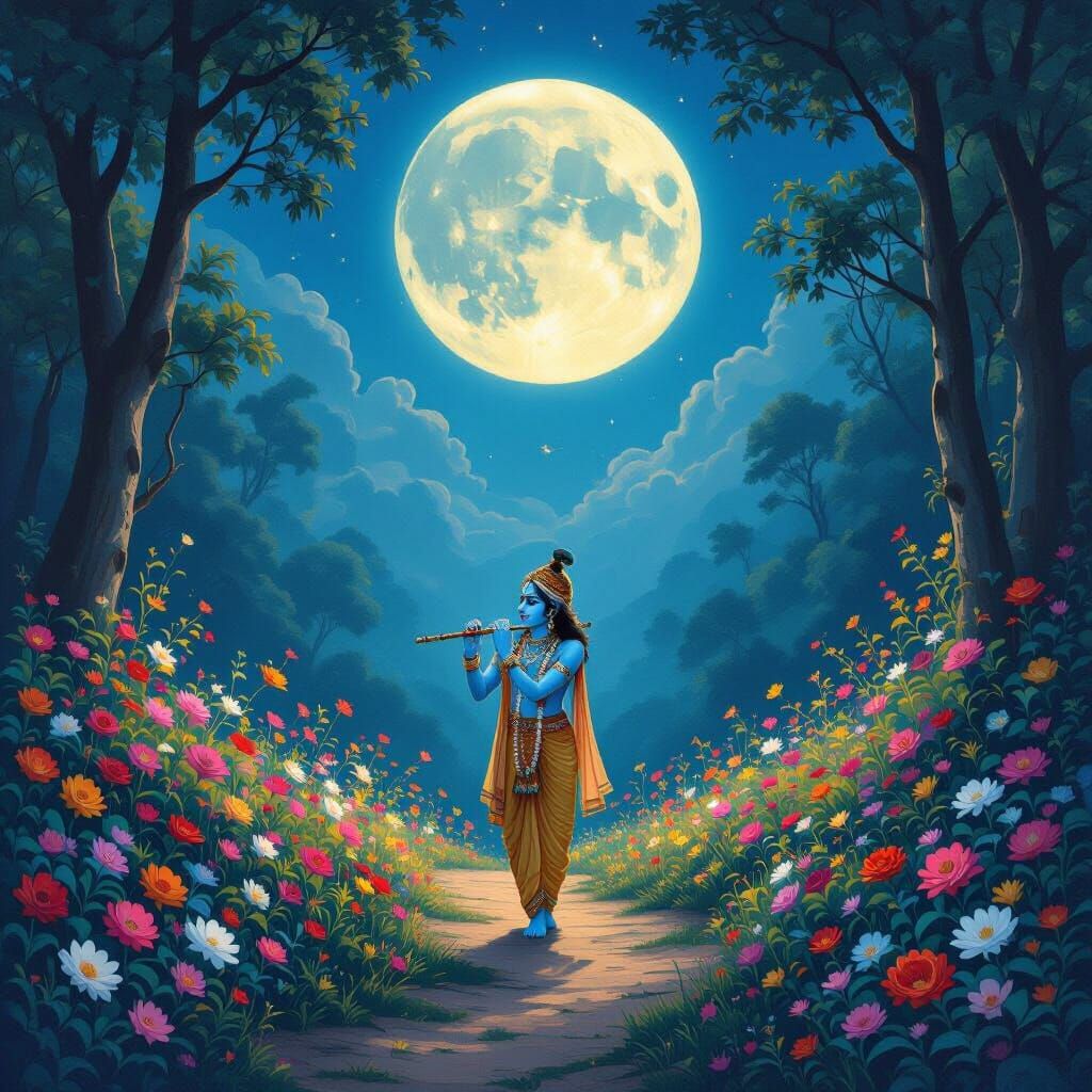 Krishna Plays Bansuri Under Full Moon in Magical Bloom