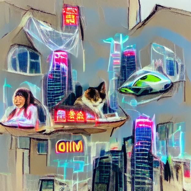Futuristic Cityscape with Flying Cars and Neon Lights