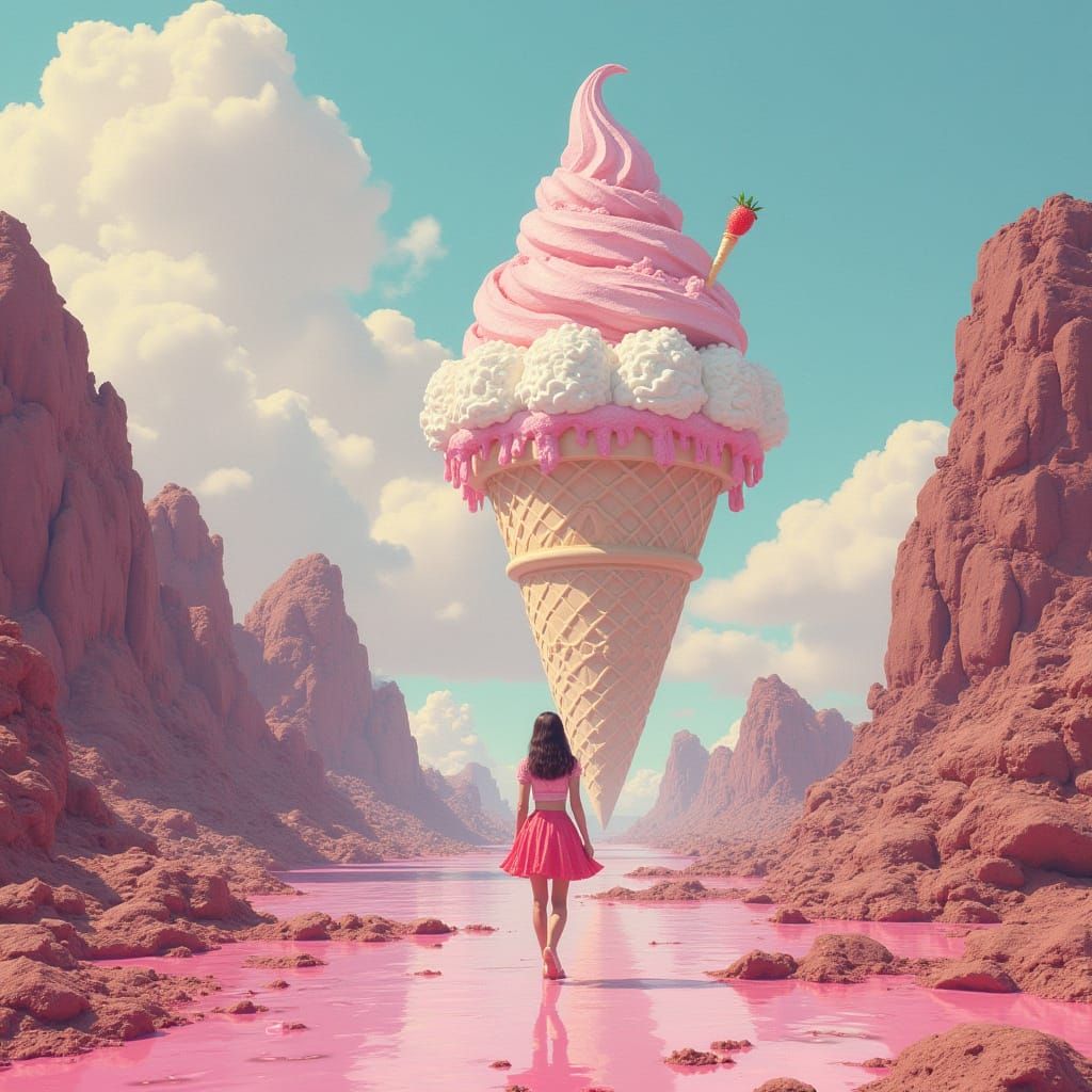 Dreamlike Ice Cream Landscape with Chocolate Rivers