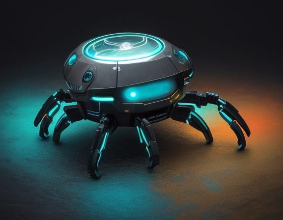 Cute Crab Robot Flies Saucer in Surreal Oil Painting