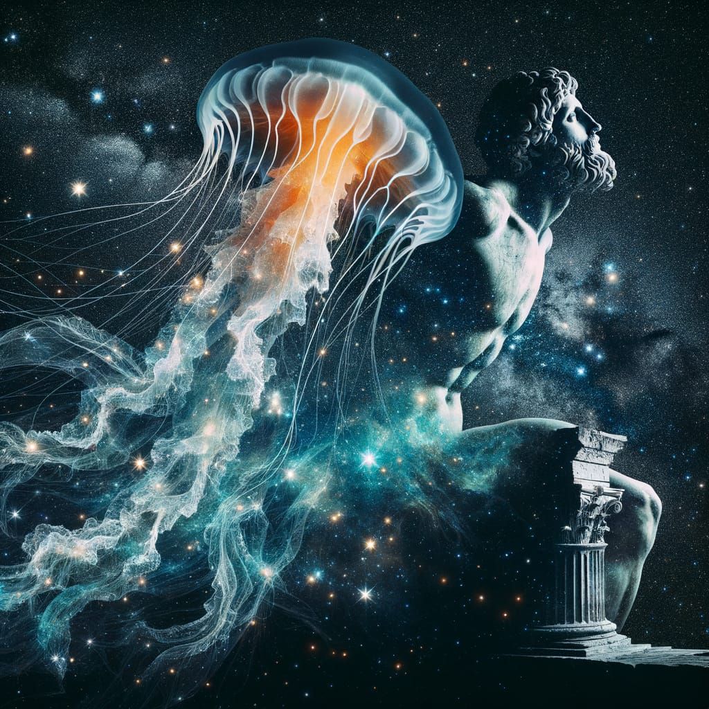 Ethereal Jellyfish and Sculpture Double Exposure in Starry A...