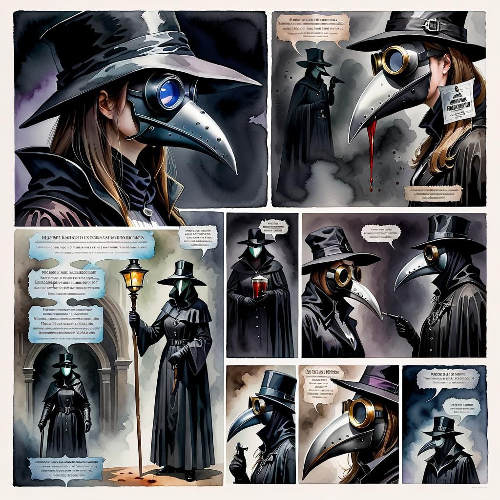 Watercolor Plague Doctor in Horror Film Style