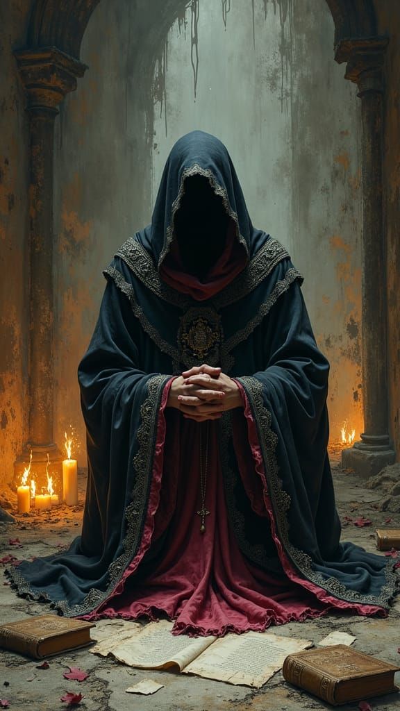 Gothic Cleric in Candlelit Chamber: Dark Fantasy Art