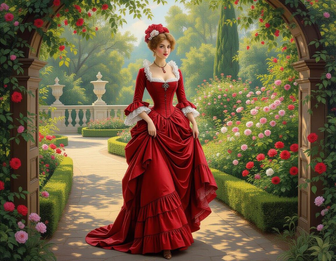 Victorian Woman in Rococo Garden Oil Painting