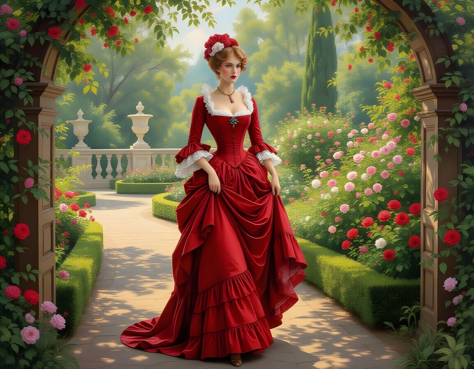 Victorian Woman in Garden, Rococo-Style Oil Painting