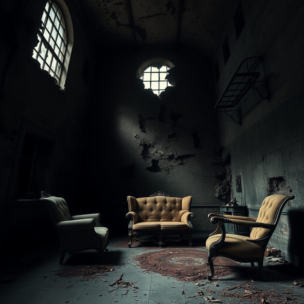 Eerie Asylum Halls: Shadows and Decay in Gothic Style