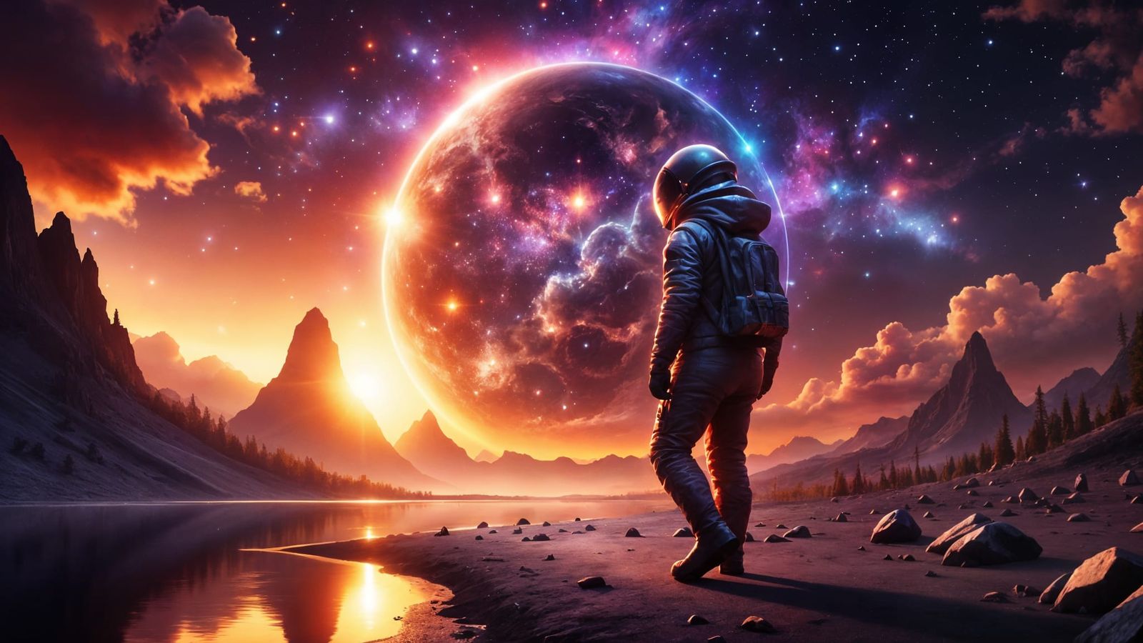 Astronaut Views Bioluminescent Nebula on Alien Planet