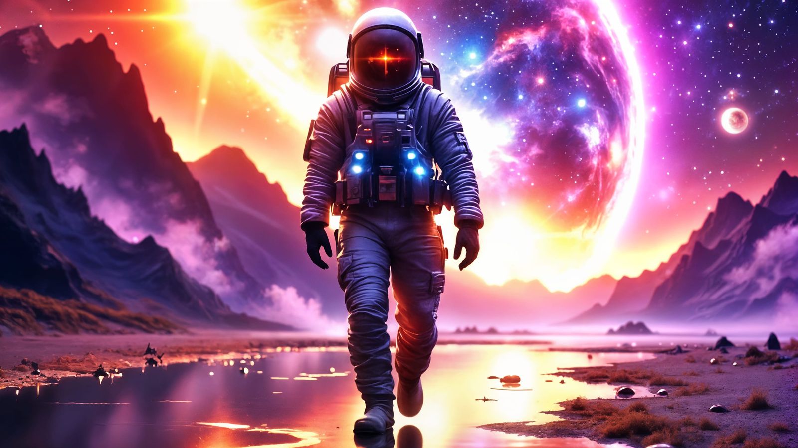 Astronaut on Alien Planet Amidst Nebula