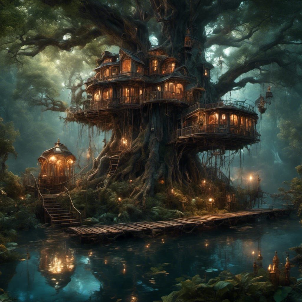 Steampunk Treehouse on Twisted Tree with Reflective Water