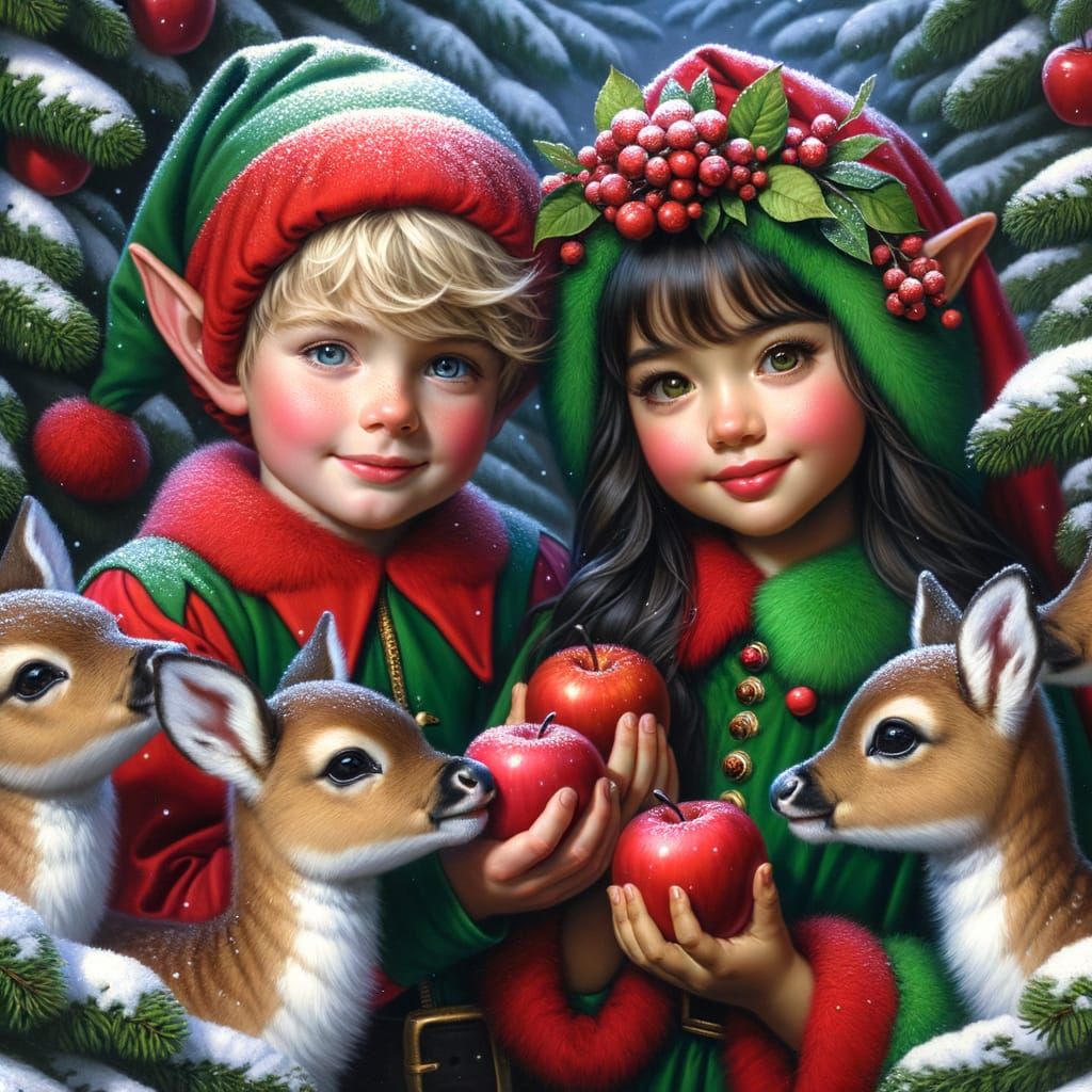 Elves Feeding Baby Reindeer in Snowy Forest