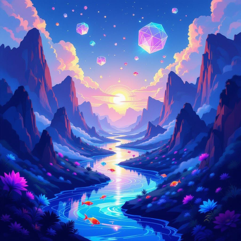 Fractal Riverlands with Polygonal Cliffs and Neon Fish