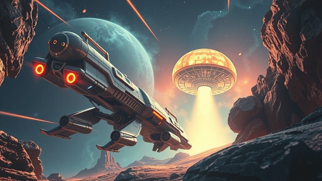 Metallic Starship Initiates Warp Jump in Deep Space