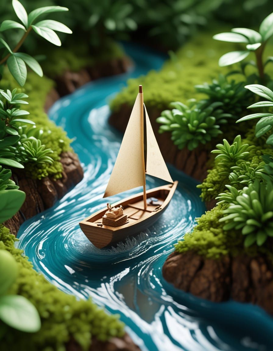 Miniature Walnut Shell Boat Navigating Turbulent Stream